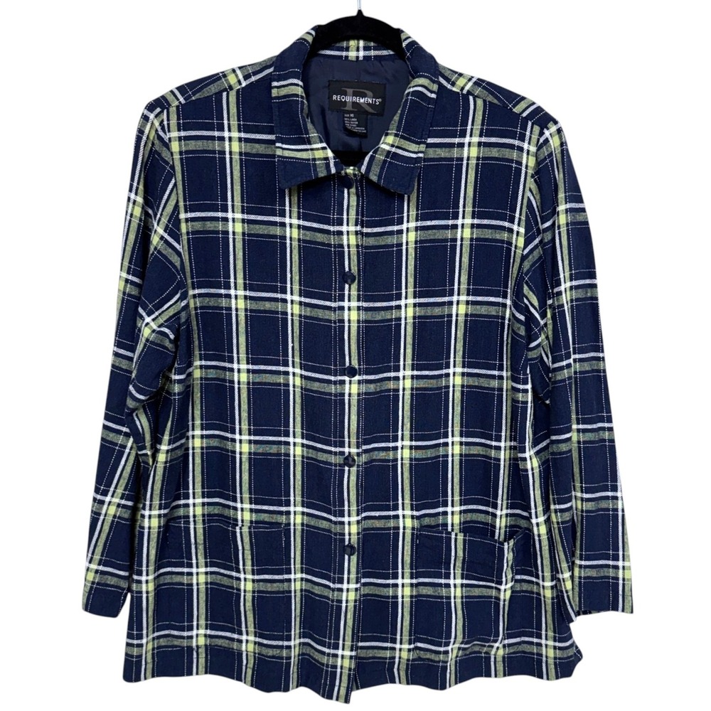 Vintage Requirements Blue Plaid Linen-Rayon Shacket Size 16 Pockets Snaps Casual